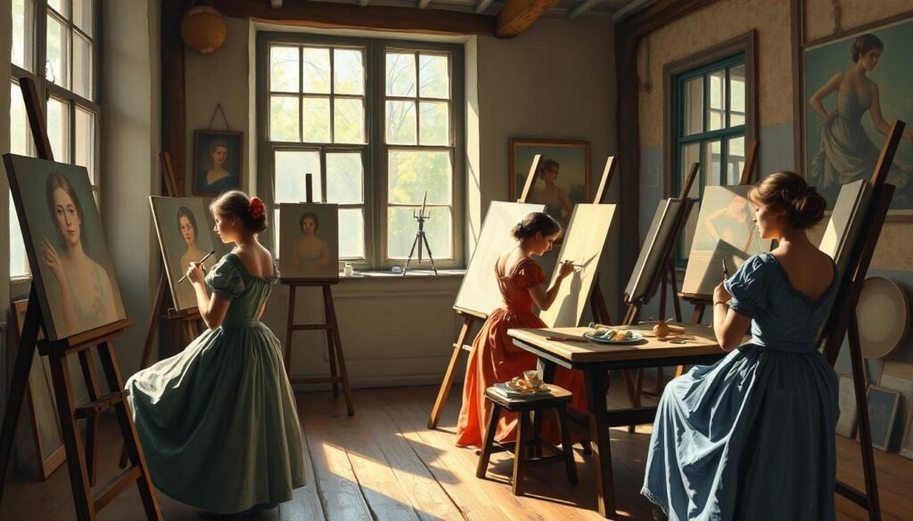 Mujeres pintoras impresionistas trabajando en un estudio del siglo XIX