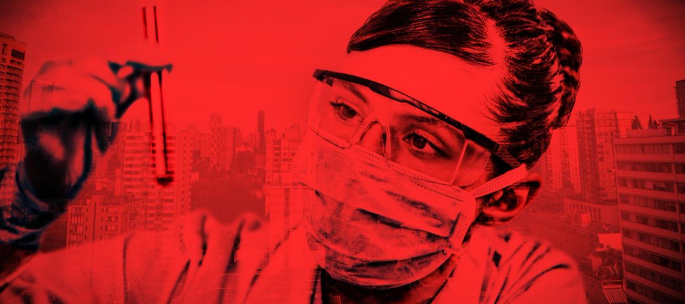 Científica medica con fondo rojo