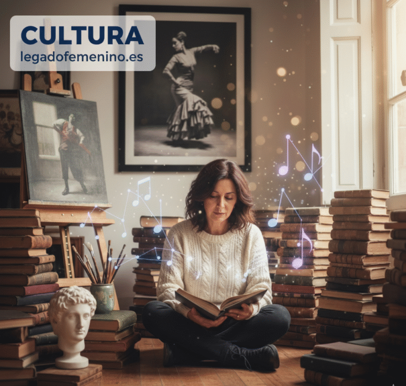 Mujer moderna sentada entre libros, cuadros, escuchando música, simbolizando el liderazgo femenino en la cultura