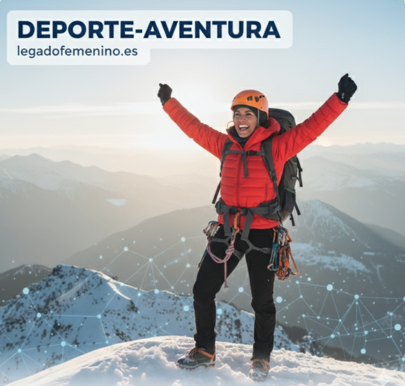 Mujer en la cima de una montaña, símbolo de liderazgo femenino en el deporte y la aventura
