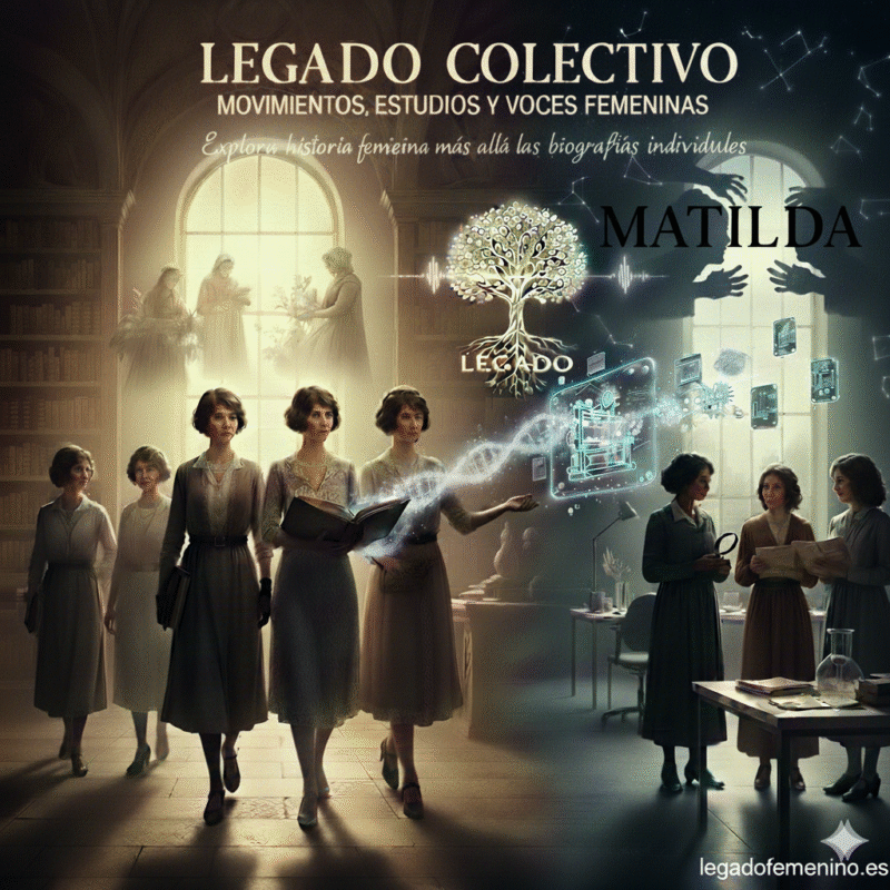 composición visual rica y simbólica. En un lado, un grupo de mujeres con vestimenta de época (inspiradas en "Las Sinsombrero" o pioneras) caminan decididas desde una biblioteca luminosa, simbolizando el conocimiento y los movimientos. En el centro, elementos visuales abstractos (como una doble hélice de ADN o nodos de conexión) representan los "estudios de género" y el "legado colectivo". En el otro lado, figuras sombrías y alargadas en una ventana, con la palabra "MATILDA" en grande, evocan el "Efecto Matilda" y las "voces silenciadas" que han sido ocultadas por las sombras. El fondo oscuro con constelaciones sugiere la inmensidad de la historia por descubrir. El texto superpuesto "EL LEGADO COLECTIVO: MOVIMIENTOS, ESTUDIOS Y VOCES FEMENINAS" 