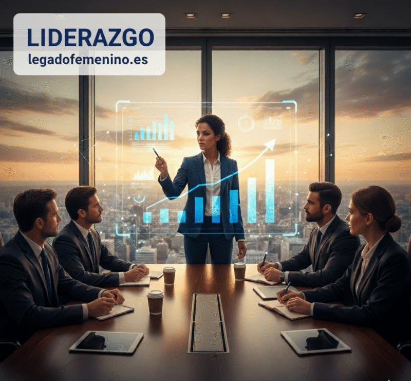 Mujer moderna exponiendo un trabajo a sus subordinados jerárquicos en una empresa moderna, símbolo de liderazgo femenino.