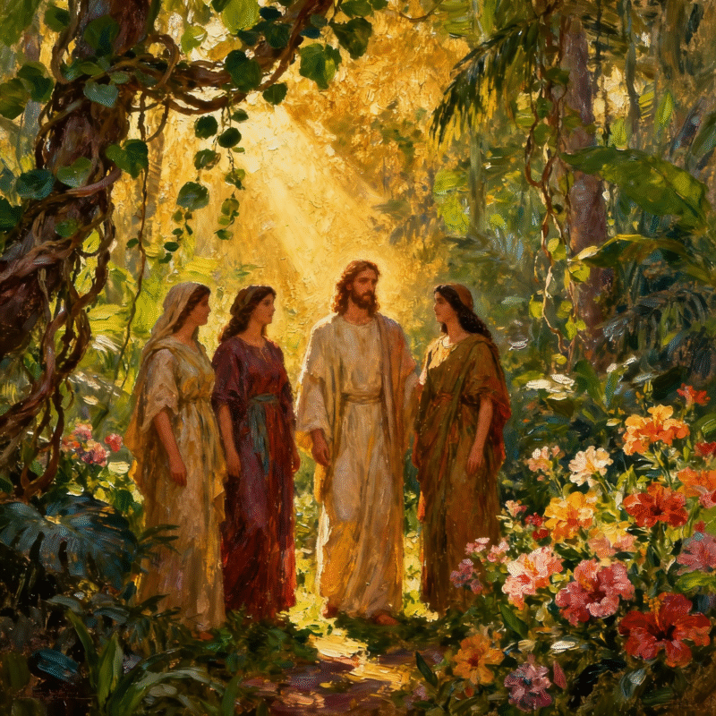 Tres mujeres hablando con Jesucristo